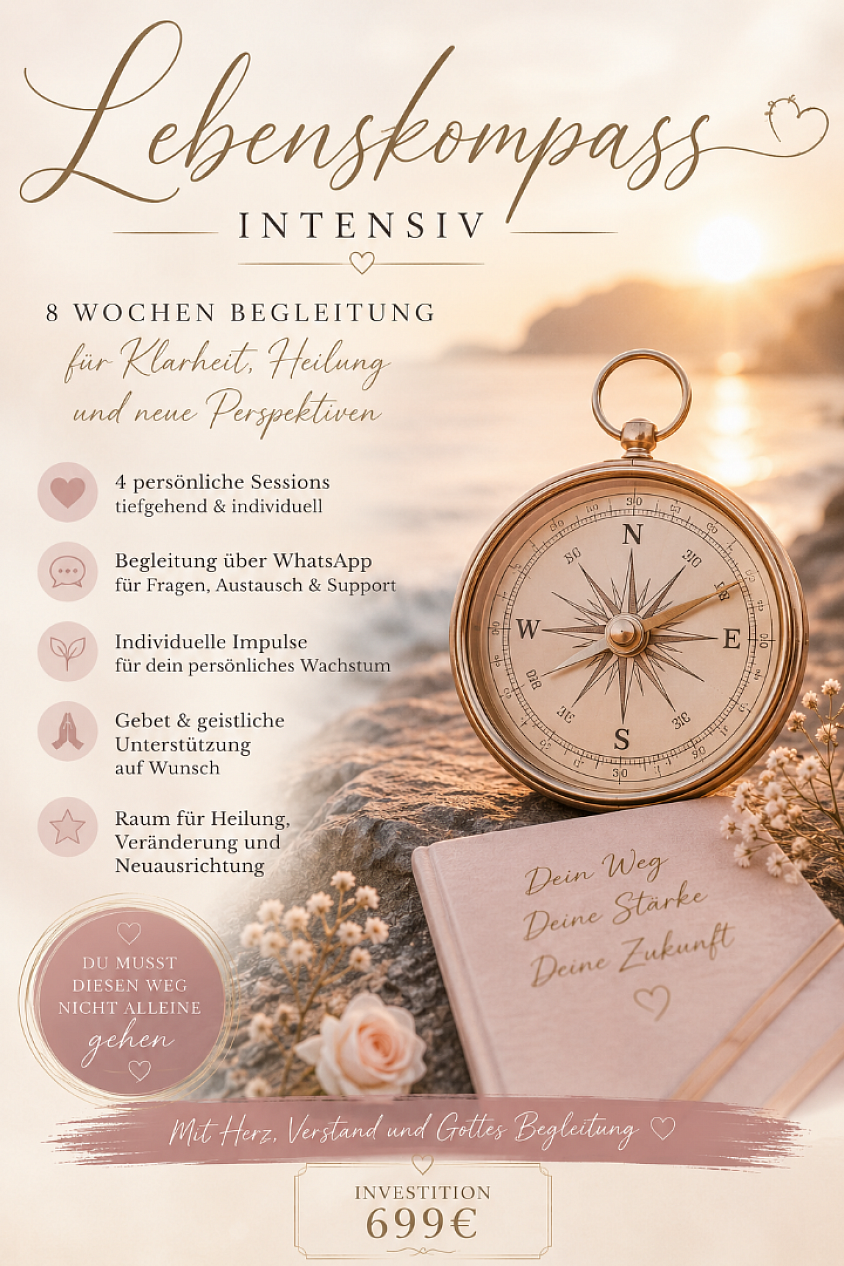 𝓛𝓮𝓫𝓮𝓷𝓼𝓴𝓸𝓶𝓹𝓪𝓼𝓼 𝓘𝓷𝓽𝓮𝓷𝓼𝓲𝓿 ✨ 8 Wochen tiefgehende Begleitung für mehr Klarheit, innere Stärke und neue Perspektiven ✨ Für Menschen, die sich eine intensivere Unterstützung auf ihrem Weg wünschen. Gemeinsam schauen wir auf das, was dich belastet, stärken deine Ressourcen und entwickeln neue Schritte für dein Leben. 🤍 4 persönliche Sessions 🤍 Begleitung über WhatsApp 🤍 Individuelle Impulse & Reflexionen 🤍 Gebet & geistliche Unterstützung auf Wunsch 🤍 Raum für Heilung, Wachstum und Neuausrichtung 🙏 Du musst diesen Weg nicht alleine gehen. ✨ Investition: 699 € ✨ 