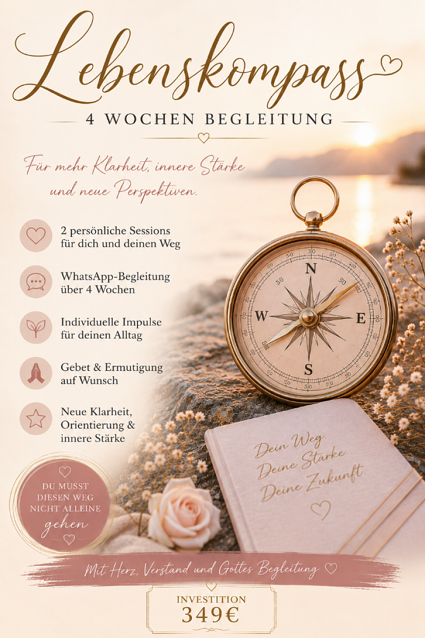 𝓛𝓮𝓫𝓮𝓷𝓼𝓴𝓸𝓶𝓹𝓪𝓼𝓼 ✨ 4 Wochen liebevolle Wegbegleitung ✨ Fühlst du dich orientierungslos, erschöpft oder stehst an einem Wendepunkt in deinem Leben? Gemeinsam schauen wir auf deine aktuelle Situation, lösen innere Blockaden, finden neue Perspektiven und stärken dein Vertrauen in deinen eigenen Weg. 🙏 Mit Herz, Verständnis und Gottes Begleitung. ♡ 2 persönliche Gespräche ♡ WhatsApp-Begleitung über 4 Wochen ♡ Gebet & Ermutigung auf Wunsch ♡ Neue Klarheit und Orientierung Du musst deinen Weg nicht alleine gehen. ✨ Investition: 349€ ✨