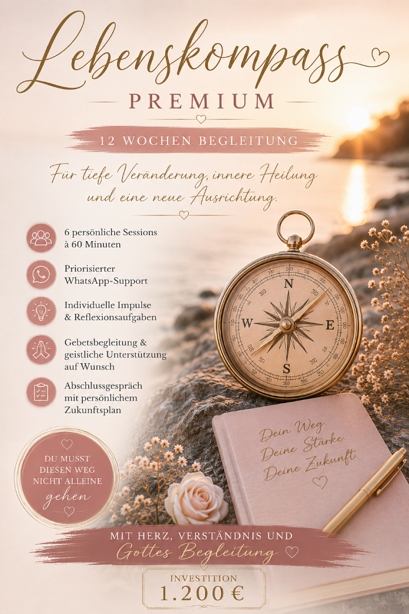 𝓛𝓮𝓫𝓮𝓷𝓼𝓴𝓸𝓶𝓹𝓪𝓼𝓼 𝓟𝓻𝓮𝓶𝓲𝓾𝓶 ✨ 12 Wochen intensive Wegbegleitung für tiefgreifende Veränderung, innere Stärke und eine neue Ausrichtung ✨ Dieses Premium-Paket ist für Menschen, die sich eine langfristige und persönliche Begleitung wünschen. Gemeinsam gehen wir Schritt für Schritt durch deine aktuelle Lebenssituation, lösen belastende Themen, stärken dein Vertrauen und entwickeln eine klare Perspektive für deine Zukunft. 🤍 6 persönliche Sessions à 60 Minuten 🤍 Priorisierter WhatsApp-Support 🤍 Individuelle Impulse & Reflexionsaufgaben 🤍 Gebetsbegleitung & geistliche Unterstützung auf Wunsch 🤍 Raum für Heilung, Wachstum und Neuausrichtung 🤍 Abschlussgespräch mit persönlichem Zukunftsplan 🙏 Du musst deinen Weg nicht alleine gehen. ✨ Investition: 1.200 € ✨ 