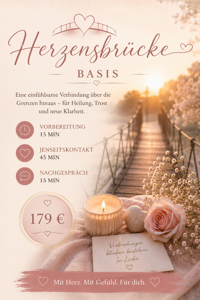 ✨ Ein liebevoller Raum für Trost, Verbundenheit und Herzensbotschaften. ✨ In der Herzensbrücke Basis nehmen wir uns Zeit für deine Fragen, deine Gefühle und die Verbindung zu einem geliebten Menschen in der geistigen Welt. Die Sitzung bietet Raum für Trost, Verständnis und neue Perspektiven. 🤍 Vorbereitungsgespräch – 15 Minuten 🤍 Jenseitskontakt – 45 Minuten 🤍 Nachgespräch – 15 Minuten 🙏 Mit Herz, Achtsamkeit und Raum für das, was sich zeigen möchte. ✨ Investition: 179 € ✨ 