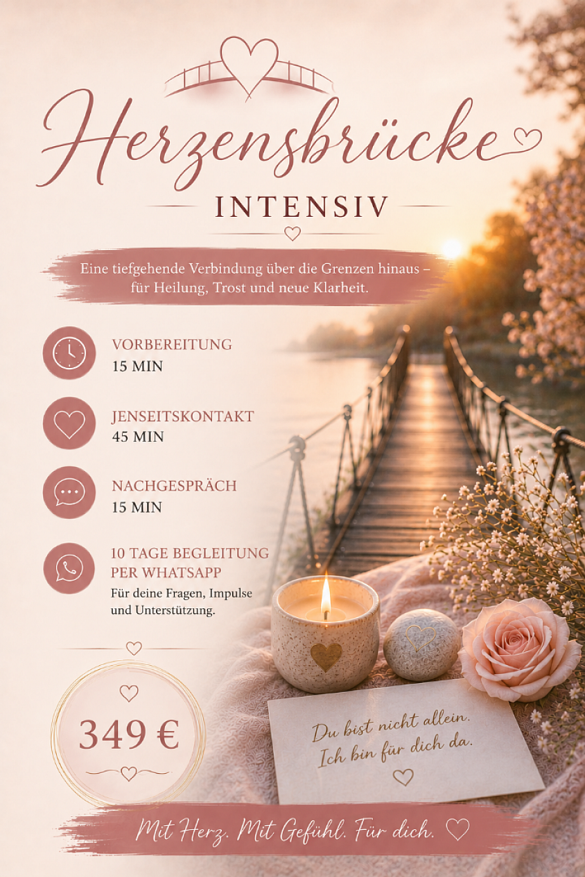 𝓗𝓮𝓻𝔃𝓮𝓷𝓼𝓫𝓻ü𝓬𝓴𝓮 𝓘𝓷𝓽𝓮𝓷𝓼𝓲𝓿 ✨ Eine einfühlsame Begleitung für Trost, Klarheit und Verbundenheit ✨ Die Herzensbrücke Intensiv schenkt dir Raum für einen tiefgehenden Jenseitskontakt und unterstützt dich dabei, die empfangenen Botschaften liebevoll in dein Leben zu integrieren. 🤍 Vorbereitungsgespräch – 15 Minuten 🤍 Jenseitskontakt – 45 Minuten 🤍 Nachgespräch – 15 Minuten 🤍 10 Tage WhatsApp-Begleitung für Fragen, Austausch und Unterstützung Ein geschützter Raum für Trost, Verständnis und neue Perspektiven. 💫 Du musst diesen Weg nicht alleine gehen. Investition: 349 € 🤍
