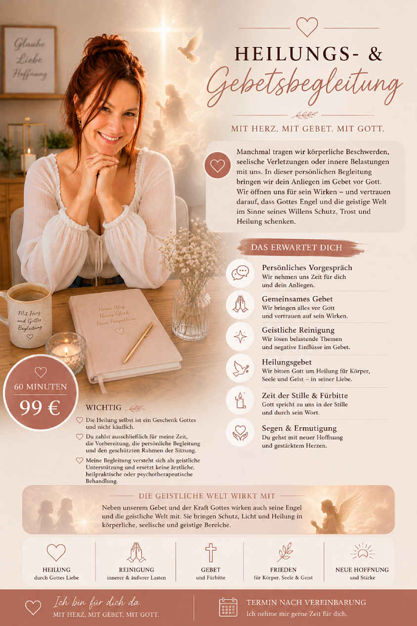 🤍 Heilungs- & Gebetsbegleitung 60 Minuten | 99 € Mit Herz. Mit Gebet. Mit Gott. Manchmal brauchen wir einen geschützten Raum, um Belastungen loszulassen und unser Anliegen vor Gott zu bringen. In dieser persönlichen Begleitung nehmen wir uns bewusst Zeit für Gebet, geistliche Reinigung und innere Ausrichtung. Das erwartet dich 🤍 Persönliches Vorgespräch 🙏 Gemeinsames Gebet ✨ Geistliche Reinigung 🕊️ Heilungsgebet 🌿 Zeit der Stille und des Hörens auf Gott 🤍 Segen und Ermutigung Wichtig Die Heilung selbst ist ein Geschenk Gottes und nicht käuflich. Du zahlst ausschließlich für meine Zeit, die Vorbereitung, die persönliche Begleitung und den geschützten Rahmen der Sitzung. Preis: 99 €