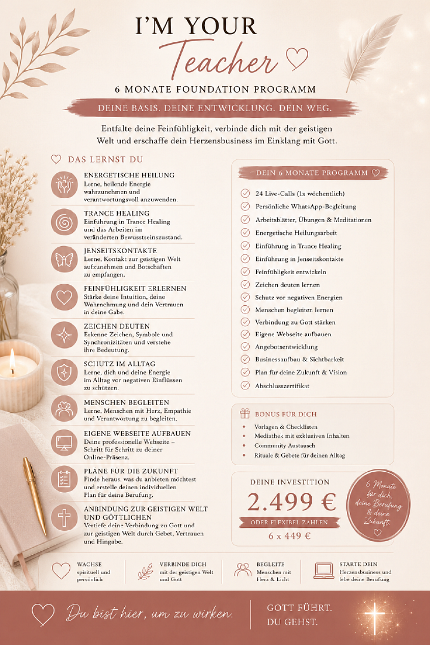 🌿 I'M YOUR TEACHER – FOUNDATION 6 Monate Mentoring Enthalten: 🤍 24 Live-Calls (1× wöchentlich) 🤍 Persönliche WhatsApp-Begleitung 🤍 Arbeitsblätter & Übungen 🤍 Energetische Heilungsarbeit 🤍 Einführung in Trance Healing 🤍 Einführung in Jenseitskontakte 🤍 Feinfühligkeit entwickeln 🤍 Schutz vor negativen Energien 🤍 Verbindung zu Gott stärken 🤍 Webseitenaufbau 🤍 Angebotsentwicklung 🤍 Businessaufbau 🤍 Zertifikat Investition 2.499 € oder 6 × 449 €