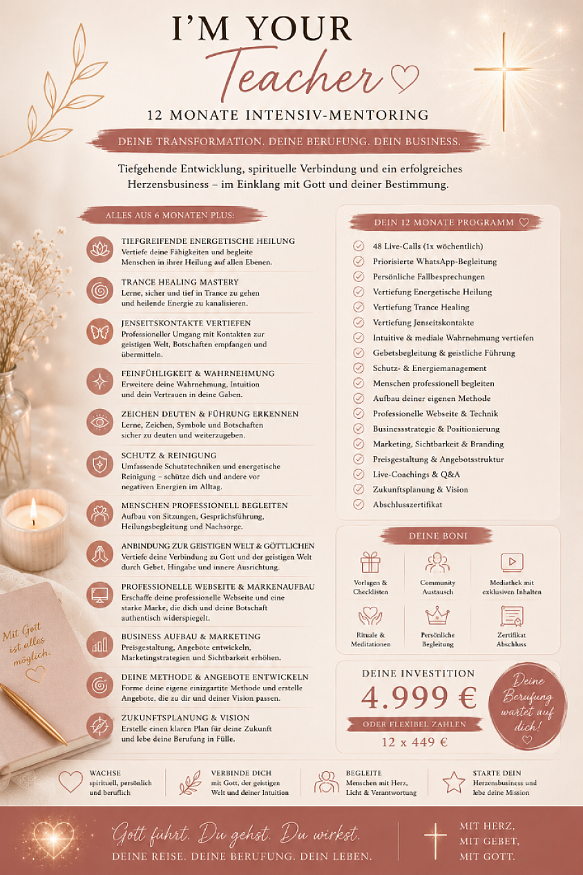 👑 I'M YOUR TEACHER – MASTERY 12 Monate Intensiv-Mentoring Enthalten: Alles aus Step 1 PLUS ✨ 48 Live-Calls ✨ Priorisierter WhatsApp-Support ✨ Persönliche Fallbesprechungen ✨ Vertiefung energetischer Heilungsarbeit ✨ Vertiefung Trance Healing ✨ Vertiefung Jenseitskontakte ✨ Intensive Entwicklung deiner Wahrnehmung ✨ Eigene Methode entwickeln ✨ Professioneller Webseitenaufbau ✨ Businessstrategie ✨ Marketing ✨ Preisgestaltung ✨ Live-Coaching ✨ Positionierung ✨ Persönliches Branding ✨ Abschlusszertifikat Investition 4.999 € oder 12 × 449 €