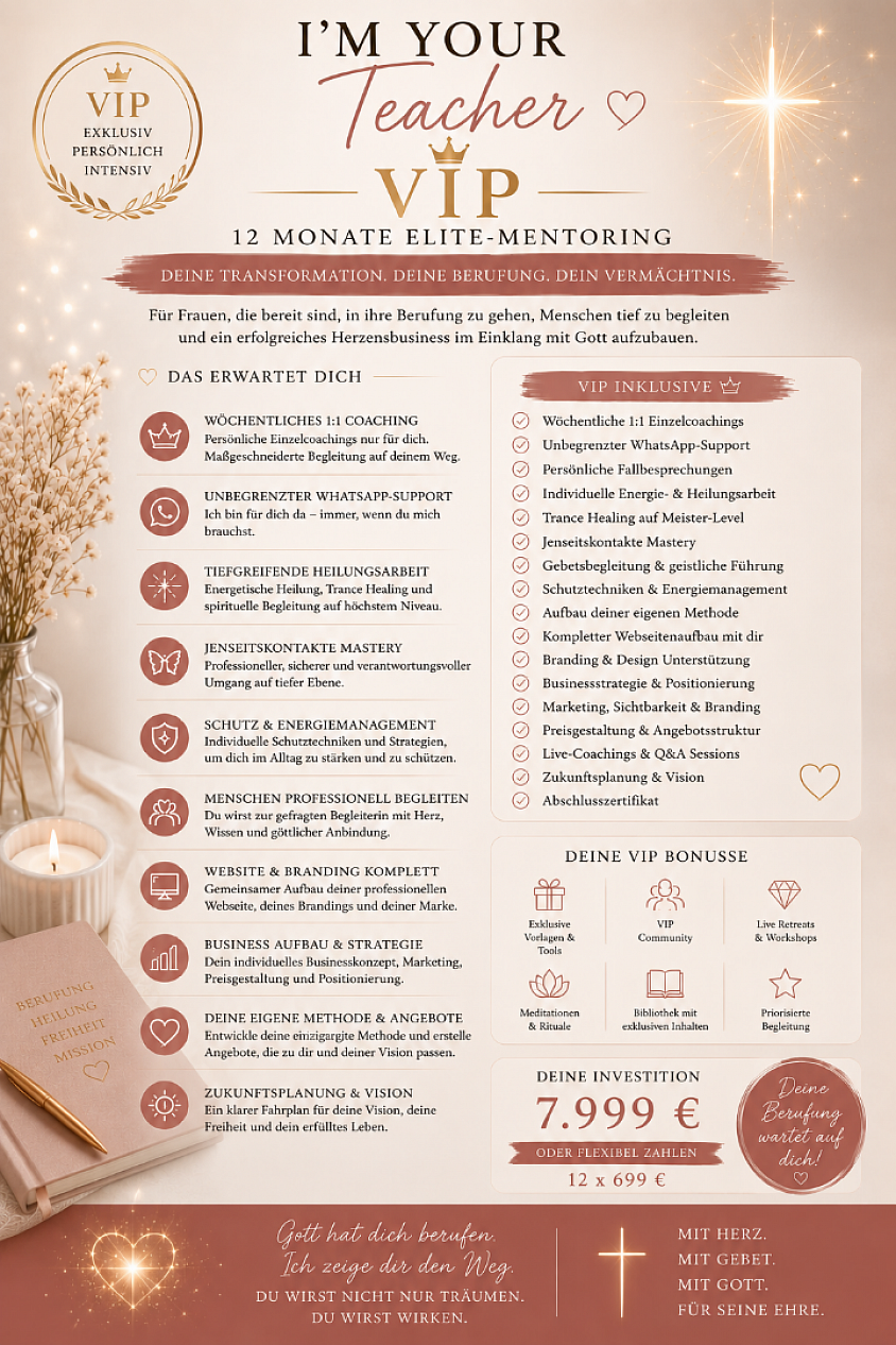 👑 I'M YOUR TEACHER – VIP Exklusives 1:1 Elite-Mentoring Deine Berufung. Deine Entwicklung. Deine Zukunft. Dieses VIP-Mentoring richtet sich an Menschen, die bereit sind, sich intensiv persönlich weiterzuentwickeln, ihre Fähigkeiten zu vertiefen und Schritt für Schritt ein authentisches Herzensbusiness aufzubauen. Über zwölf Monate begleite ich dich persönlich auf deinem Weg. Gemeinsam arbeiten wir an deiner persönlichen Entwicklung, deinem Glauben, deiner spirituellen Wahrnehmung und deiner Vision für die Zukunft. Das erwartet dich ✨ Wöchentliche 1:1 Mentoring-Sitzungen 🤍 Persönliche Begleitung während der gesamten Laufzeit 🙏 Gebet und geistliche Begleitung 🌿 Vertiefung in energetischer Heilungsarbeit 🤲 Trance Healing 🕊️ Reflexion spiritueller Erfahrungen und Jenseitskontakte ✨ Feinfühligkeit bewusst entwickeln 🛡️ Schutz im Alltag und Stärkung deiner inneren Stabilität 💛 Menschen verantwortungsvoll begleiten lernen 💻 Professioneller Aufbau deiner Webseite 📱 Positionierung und Social Media 🎯 Entwicklung deiner eigenen Angebote 💼 Businessaufbau und Preisgestaltung 📈 Marketing und Sichtbarkeit ❤️ Persönliches Branding 📖 Zukunftsplanung und Vision Exklusive VIP-Boni ✔ Persönlicher WhatsApp-Support ✔ Individuelle Arbeitsunterlagen ✔ Meditationen & Gebetsimpulse ✔ Vorlagen für Webseite und Angebote ✔ Unterstützung bei deinem Markenaufbau ✔ Feedback zu deinen Sitzungen ✔ Abschlusszertifikat Deine Investition VIP Elite-Mentoring 12 Monate 7.999 € oder 12 monatliche Raten à 699 € Mein Versprechen Ich begleite dich mit Herz, Ehrlichkeit und Verantwortung. Gemeinsam schaffen wir einen Raum, in dem du wachsen, deinen Glauben vertiefen und deine berufliche Vision entwickeln kannst. Das Mentoring vermittelt Methoden, Reflexion und persönliche Begleitung – wie sich dein eigener Weg entfaltet, bleibt individuell. „Du bist berufen, Licht zu sein. Ich begleite dich dabei, deinen Weg mit Vertrauen, Liebe und Verantwortung zu gehen.“ ✨