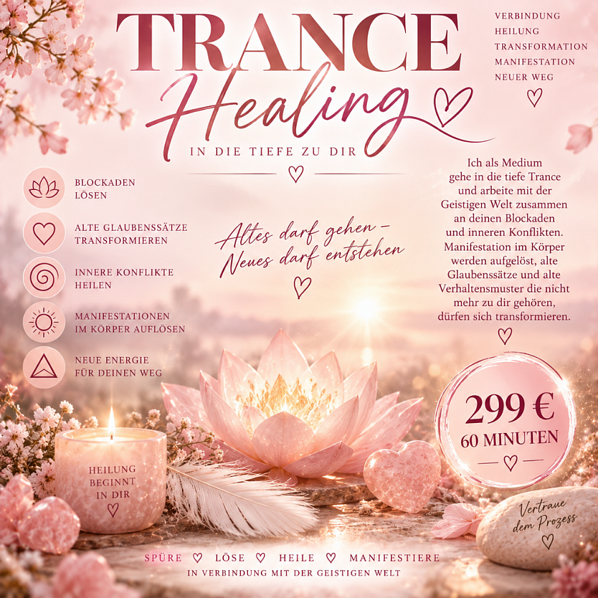 ✨ TRANCE HEALING – IN DIE TIEFE ZU DIR ✨  Manchmal tragen wir alte Glaubenssätze, Verhaltensmuster und innere Konflikte in uns, die längst nicht mehr zu unserem heutigen Ich gehören. Sie dürfen gesehen, gefühlt und transformiert werden. 🤍  In einer tiefen Trance begleite ich dich als Medium auf eine Reise nach innen und arbeite dabei mit der Geistigen Welt zusammen.  Gemeinsam schauen wir dorthin, wo sich Blockaden festgesetzt haben – auf emotionaler, energetischer und körperlicher Ebene.  🌸 Was darf sich verändern? • Alte Glaubenssätze dürfen sich lösen • Innere Konflikte dürfen in Frieden kommen • Blockaden dürfen erkannt und transformiert werden • Alte Verhaltensmuster dürfen gehen • Körperlich empfundene Manifestationen dürfen sich verändern • Raum für neue Gedanken, Gefühle und Möglichkeiten darf entstehen  Es geht nicht darum, etwas zu erzwingen. Es geht darum, dir selbst wieder näherzukommen und dem Raum zu geben, was in dir bereits nach Veränderung ruft. ✨  Altes darf gehen. Neues darf entstehen. Du darfst wieder mehr bei dir ankommen. 🌷  🌙 TRANCE HEALING 60 Minuten | 299 €  Wenn du spürst, dass diese Reise zu dir ruft, darfst du dich gerne bei mir melden. 🤍  Hinweis: Trance Healing ist eine spirituelle Begleitung und ersetzt keine medizinische oder psychotherapeutische Behandlung.