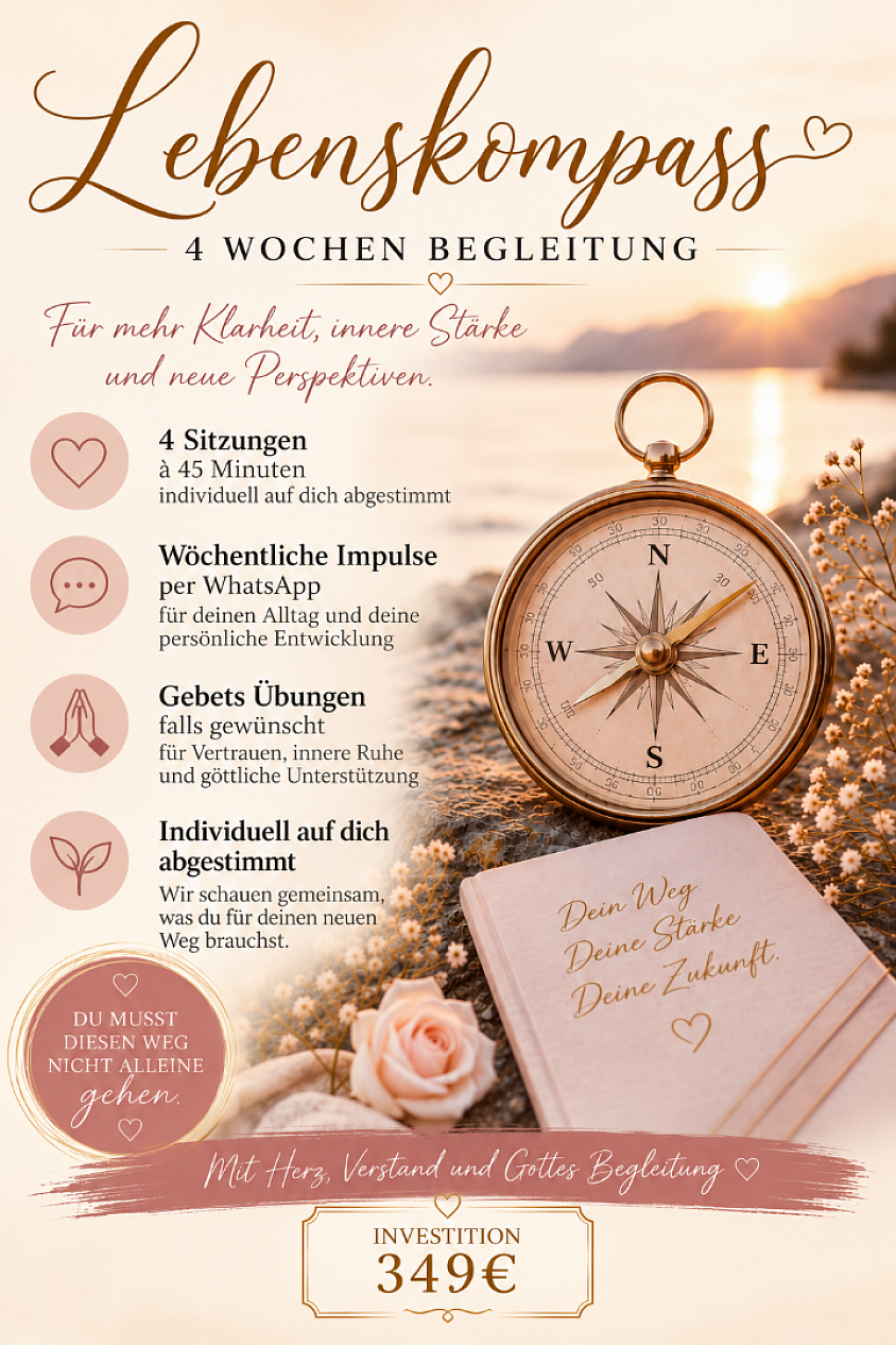 𝓛𝓮𝓫𝓮𝓷𝓼𝓴𝓸𝓶𝓹𝓪𝓼𝓼 ✨ 4 Wochen liebevolle Wegbegleitung ✨ Fühlst du dich orientierungslos, erschöpft oder stehst an einem Wendepunkt in deinem Leben? Gemeinsam schauen wir auf deine aktuelle Situation, lösen innere Blockaden, finden neue Perspektiven und stärken dein Vertrauen in deinen eigenen Weg. 🙏 Mit Herz, Verständnis und Gottes Begleitung. ♡ 2 persönliche Gespräche ♡ WhatsApp-Begleitung über 4 Wochen ♡ Gebet & Ermutigung auf Wunsch ♡ Neue Klarheit und Orientierung Du musst deinen Weg nicht alleine gehen. ✨ Investition: 349€ ✨
