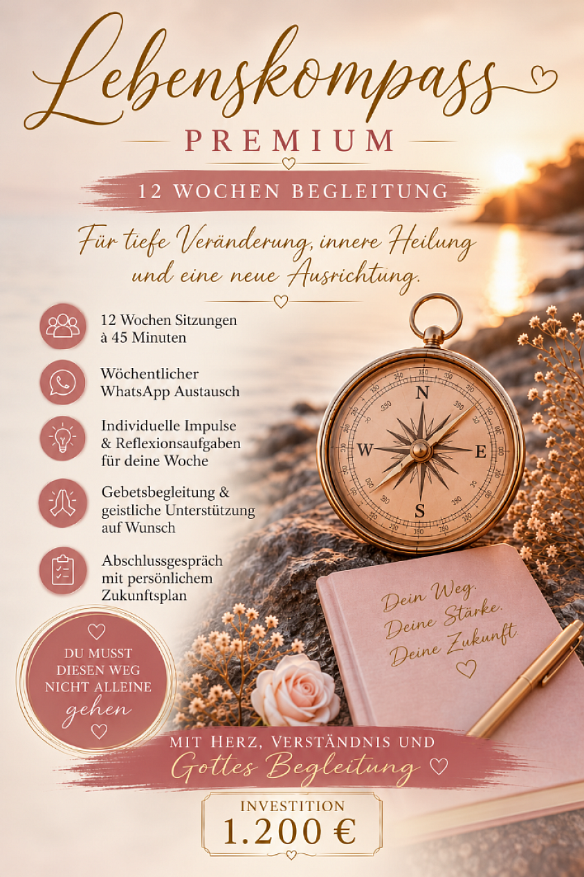 ✨ 12 Wochen intensive Wegbegleitung für tiefgreifende Veränderung, innere Stärke und eine neue Ausrichtung ✨ Dieses Premium-Paket ist für Menschen, die sich eine langfristige und persönliche Begleitung wünschen. Gemeinsam gehen wir Schritt für Schritt durch deine aktuelle Lebenssituation, lösen belastende Themen, stärken dein Vertrauen und entwickeln eine klare Perspektive für deine Zukunft. 🤍 6 persönliche Sessions à 60 Minuten 🤍 Priorisierter WhatsApp-Support 🤍 Individuelle Impulse & Reflexionsaufgaben 🤍 Gebetsbegleitung & geistliche Unterstützung auf Wunsch 🤍 Raum für Heilung, Wachstum und Neuausrichtung 🤍 Abschlussgespräch mit persönlichem Zukunftsplan 🙏 Du musst deinen Weg nicht alleine gehen. ✨ Investition: 1.200 € ✨ 